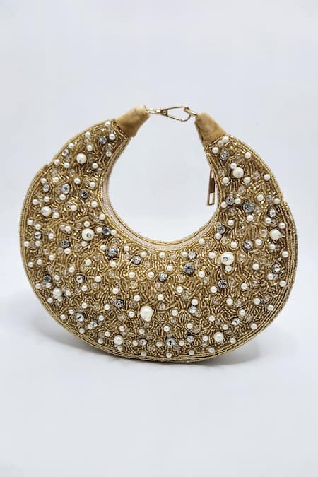 Buy Adwita Bags & Jewels Gold Embellished Pearl Chaand Bag Online at Aza Fashions Buy_Adwita Bags & Jewels_Gold Embellished Pearl Chaand Bag _Online_at_Aza_Fashions