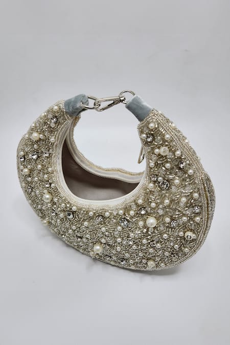 Buy Adwita Bags & Jewels Silver Embellished Tonal Chaand Handbag Online at Aza Fashions Buy_Adwita Bags & Jewels_Silver Embellished Tonal Chaand Handbag _Online_at_Aza_Fashions
