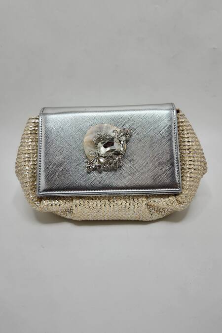 Adwita Bags & Jewels Silver Crystals Brooch Flap Handbag Online at Aza Fashions Adwita Bags & Jewels_Silver Crystals Brooch Flap Handbag _Online_at_Aza_Fashions