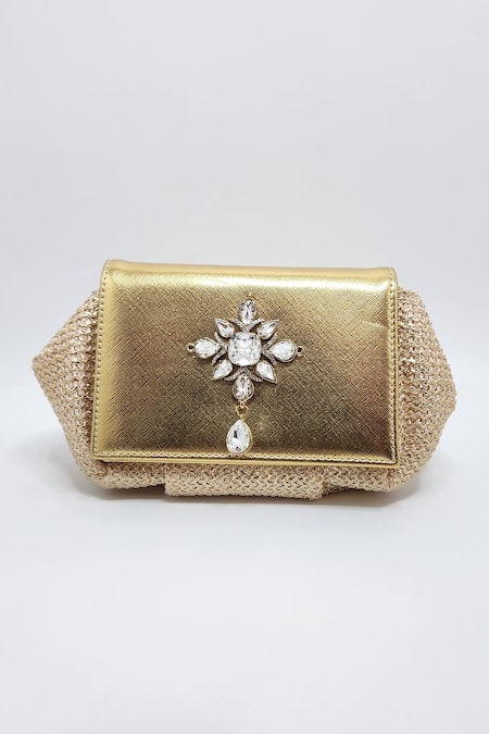 Adwita Bags & Jewels Gold Crystals, Pearls Embellished Handbag Online at Aza Fashions Adwita Bags & Jewels_Gold Crystals, Pearls Embellished Handbag _Online_at_Aza_Fashions