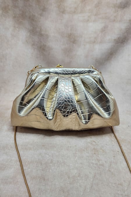 Adwita Bags & Jewels Embellished Gold Textured Pouchette Bag 