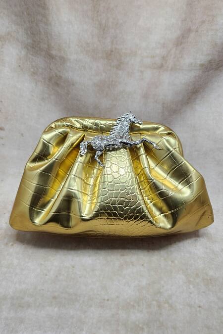 Adwita Bags & Jewels Gold Embellished Horse Brooch Pouchette Bag Online at Aza Fashions Adwita Bags & Jewels_Gold Embellished Horse Brooch Pouchette Bag _Online_at_Aza_Fashions