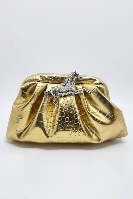 Buy Adwita Bags & Jewels Gold Embellished Horse Brooch Pouchette Bag Online at Aza Fashions Buy_Adwita Bags & Jewels_Gold Embellished Horse Brooch Pouchette Bag _Online_at_Aza_Fashions