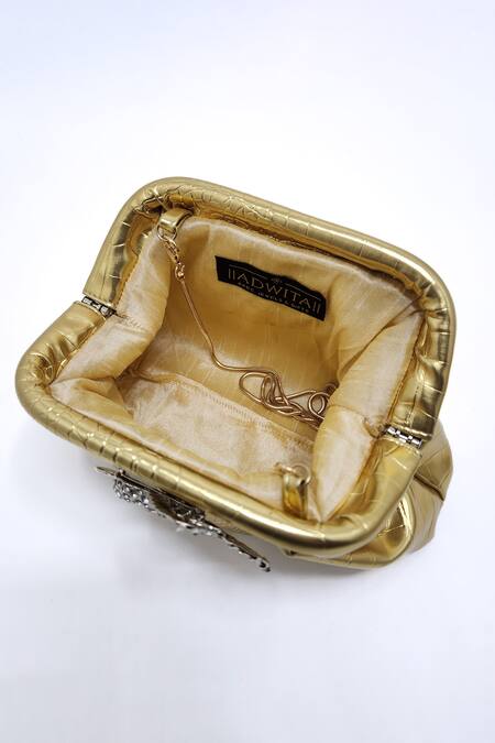 Adwita Bags & Jewels Gold Embellished Horse Brooch Pouchette Bag at Aza Fashions Adwita Bags & Jewels_Gold Embellished Horse Brooch Pouchette Bag _at_Aza_Fashions