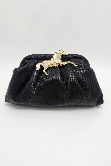 Adwita Bags & Jewels_Black Embellished Horse Brooch Clutch Bag _Online_at_Aza_Fashions
