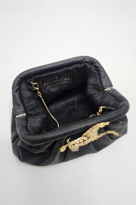 Shop_Adwita Bags & Jewels_Black Embellished Horse Brooch Clutch Bag _Online_at_Aza_Fashions