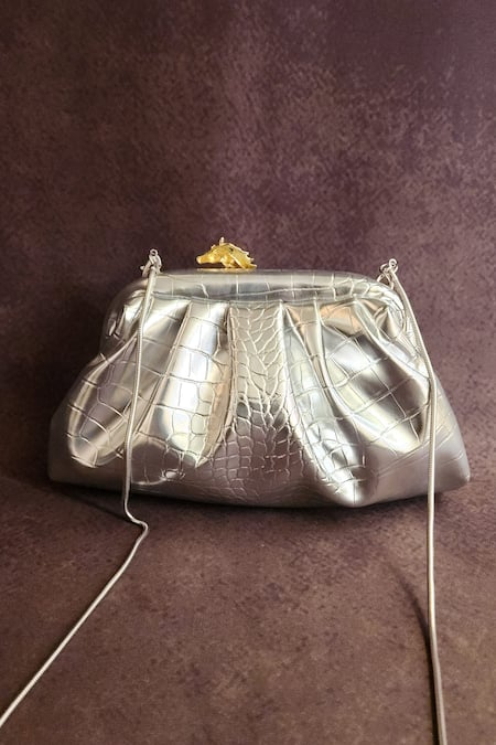 Adwita Bags & Jewels Silver Horse Brooch Embellished Clutch 