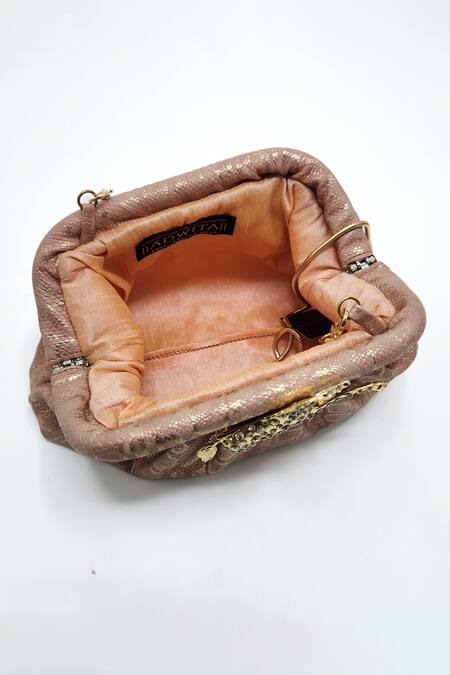 Adwita Bags & Jewels_Pink Brooches, Rhinestones Embellished Animal Pattern Pouchette Bag _Online_at_Aza_Fashions