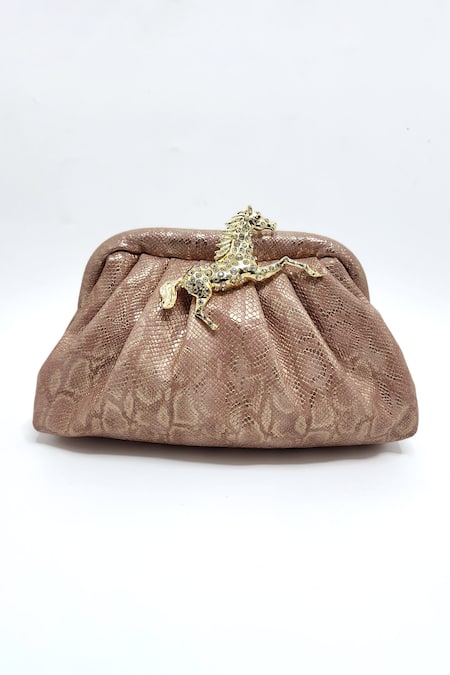 Buy_Adwita Bags & Jewels_Pink Brooches, Rhinestones Embellished Animal Pattern Pouchette Bag _Online_at_Aza_Fashions