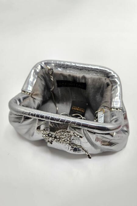 Adwita Bags & Jewels_Silver Embellished Crystal Horse Brooch Textured Clutch _Online_at_Aza_Fashions