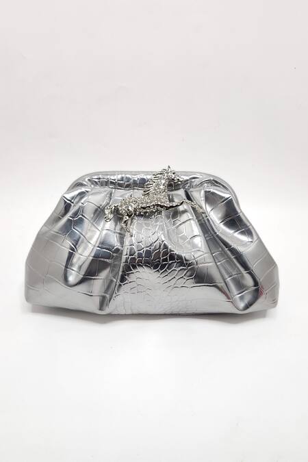 Buy_Adwita Bags & Jewels_Silver Embellished Crystal Horse Brooch Textured Clutch _Online_at_Aza_Fashions