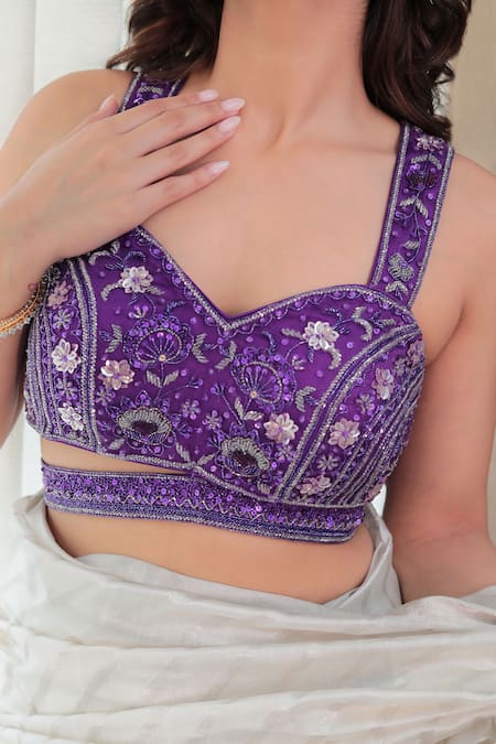 Shop_Priyal Bhardwaj_Purple Organza Sequins Sweetheart Neck Floral Cutdana Embroidered Blouse _Online_at_Aza_Fashions