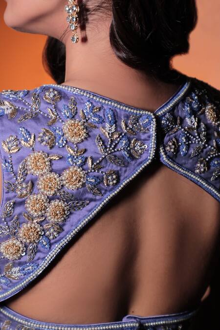 Buy_Priyal Bhardwaj_Purple Organza Cut Work, Beads V-neck Lavender Floral Embroidered Blouse 