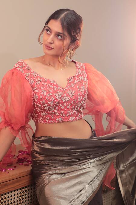 Buy_Priyal Bhardwaj_Red Organza Sequins, Cut Work, Embroidery Split Floral Puff Sleeve Blouse _Online_at_Aza_Fashions