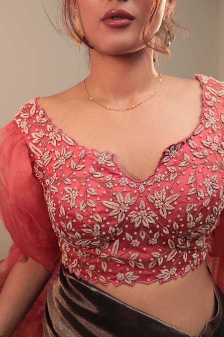 Shop_Priyal Bhardwaj_Red Organza Sequins, Cut Work, Embroidery Split Floral Puff Sleeve Blouse _Online_at_Aza_Fashions