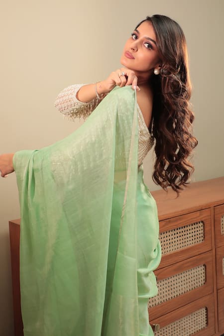 Priyal Bhardwaj Green Chanderi Tissue Plain Saree 