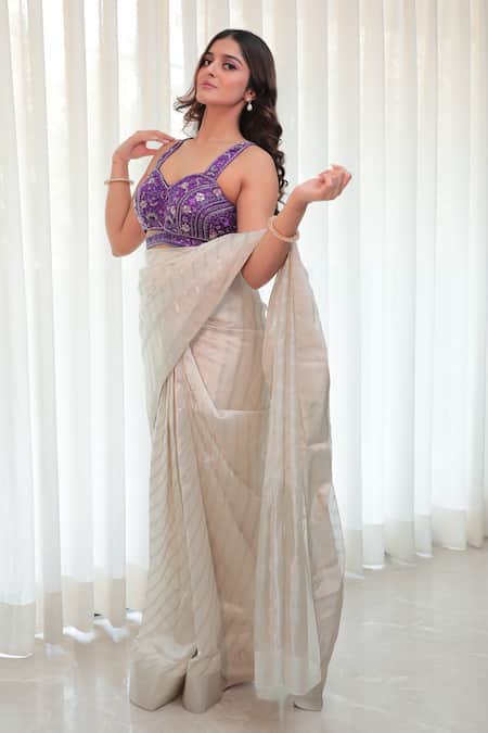 Priyal Bhardwaj_White Chanderi Silk Self Design Stripe Saree _Online_at_Aza_Fashions