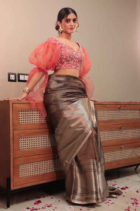 Priyal Bhardwaj Brown Geometric Self Design Tissue Saree 