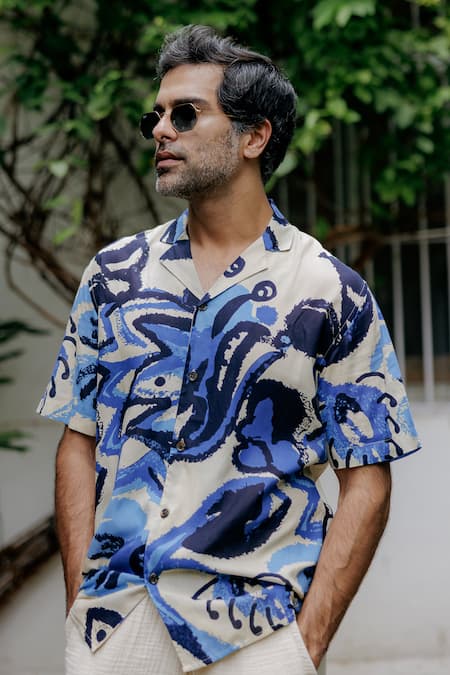 Jodi_Beige Modal And Blue Abstract Print Shirt _Online_at_Aza_Fashions