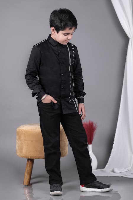 Little Brats Black Cotton Lace, Embroidery Rockstar Shirt Online at Aza Fashions Little Brats_Black Cotton Lace, Embroidery Rockstar Shirt _Online_at_Aza_Fashions