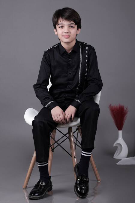 Shop Little Brats Black Cotton Lace, Embroidery Rockstar Shirt Online at Aza Fashions Shop_Little Brats_Black Cotton Lace, Embroidery Rockstar Shirt _Online_at_Aza_Fashions