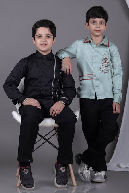 Little Brats Black Cotton Lace, Embroidery Rockstar Shirt at Aza Fashions Little Brats_Black Cotton Lace, Embroidery Rockstar Shirt _at_Aza_Fashions