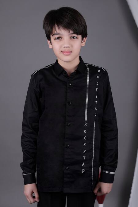 Shop Little Brats Black Cotton Lace, Embroidery Rockstar Shirt Shop_Little Brats_Black Cotton Lace, Embroidery Rockstar Shirt