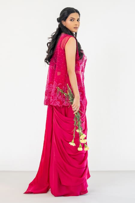 Aanchal Vijaywargi Pink Organza Cut Work, Foxtail Solid Front Pleated Pre-draped Saree Set Online at Aza Fashions Aanchal Vijaywargi_Pink Organza Cut Work, Foxtail Solid Front Pleated Pre-draped Saree Set _Online_at_Aza_Fashions