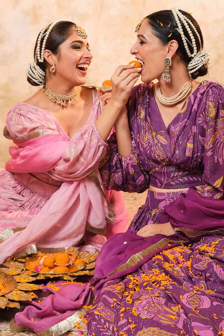 Shop_Blooming Threads_Pink Lurex, Georgette, Organza Embroidery V-neck Chintz Flora Print Lehenga Set 