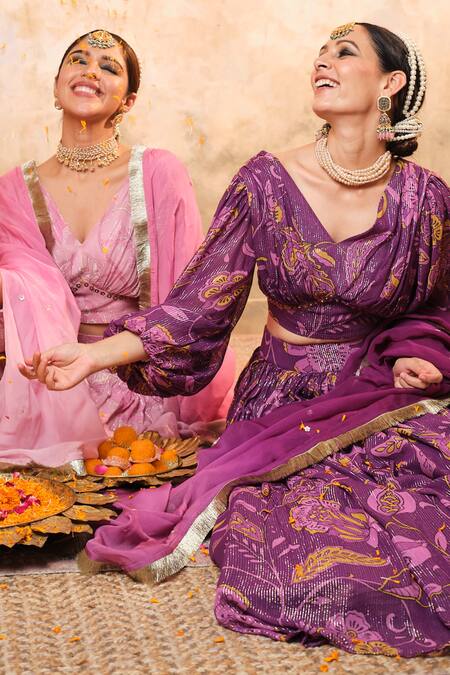 Shop_Blooming Threads_Purple Lurex, Georgette, Organza V-neck Chintz Print Lehenga Set 