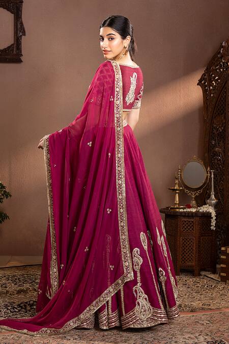 Shop Krishna Padia Wine Organza, Muslin Embroidery, Zari Scoop Neck Floral Zardozi Lehenga Set at Aza Fashions Shop_Krishna Padia_Wine Organza, Muslin Embroidery, Zari Scoop Neck Floral Zardozi Lehenga Set_at_Aza_Fashions