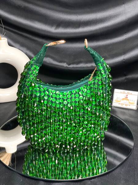 Shop_Kainiche By Mehak_Green Sequin Crystal And Bead Embellished Bag _Online_at_Aza_Fashions