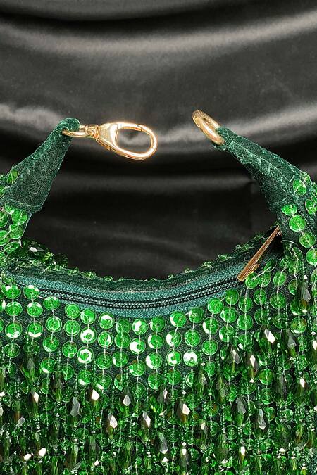 Kainiche By Mehak_Green Sequin Crystal And Bead Embellished Bag _at_Aza_Fashions