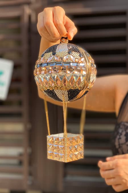 Kainiche By Mehak Gold Crystal Embellished Hot Air Balloon Clutch 