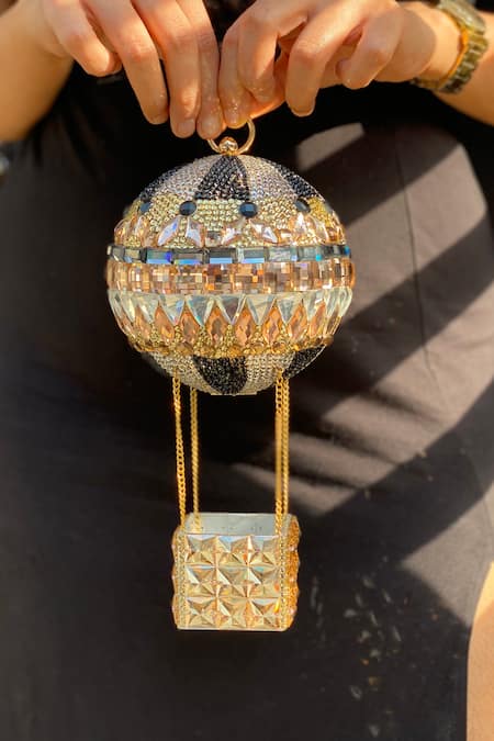 Kainiche By Mehak_Gold Crystals Embellished Hot Air Balloon Clutch _Online_at_Aza_Fashions