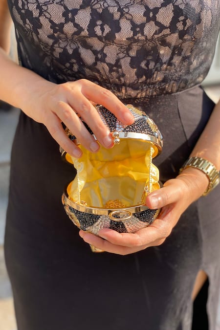 Buy_Kainiche By Mehak_Gold Crystals Embellished Hot Air Balloon Clutch _Online_at_Aza_Fashions