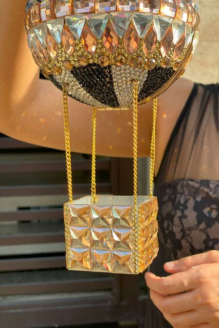 Shop_Kainiche By Mehak_Gold Crystals Embellished Hot Air Balloon Clutch _Online_at_Aza_Fashions