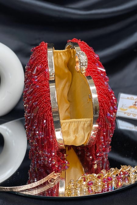 Kainiche By Mehak_Red Stone Heart Shaped Crystal Embellished Bag _Online_at_Aza_Fashions