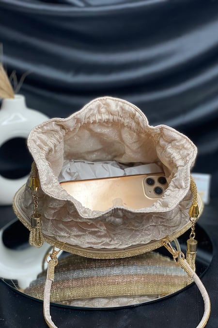 Shop_Kainiche By Mehak_Gold Quilted Potli Bag _Online_at_Aza_Fashions