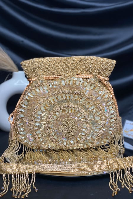 Kainiche By Mehak Gold Embellished Potli with Beaded Fringes 