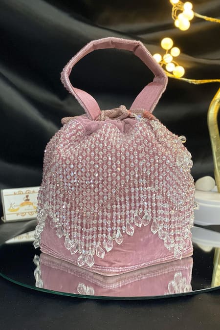 Kainiche By Mehak Pink Velvet Stone Tassel Bag 