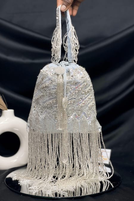 Kainiche By Mehak_Silver Sequins, Fringe Potli Bag _Online_at_Aza_Fashions