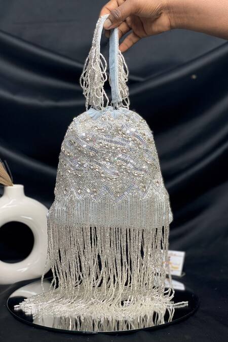 Buy_Kainiche By Mehak_Silver Sequins, Fringe Potli Bag _Online_at_Aza_Fashions