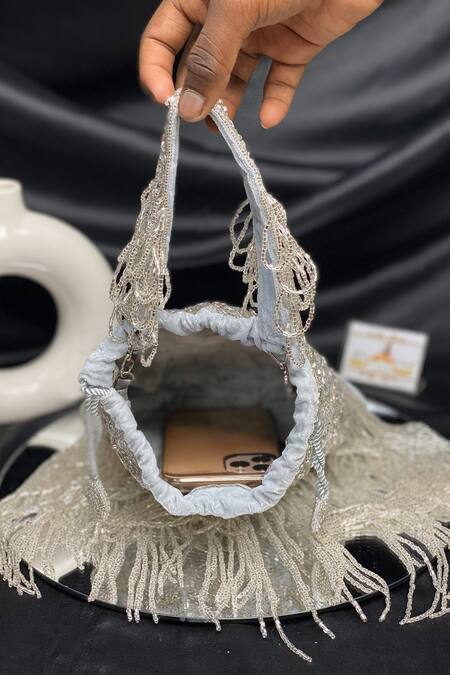 Shop_Kainiche By Mehak_Silver Sequins, Fringe Potli Bag _Online_at_Aza_Fashions