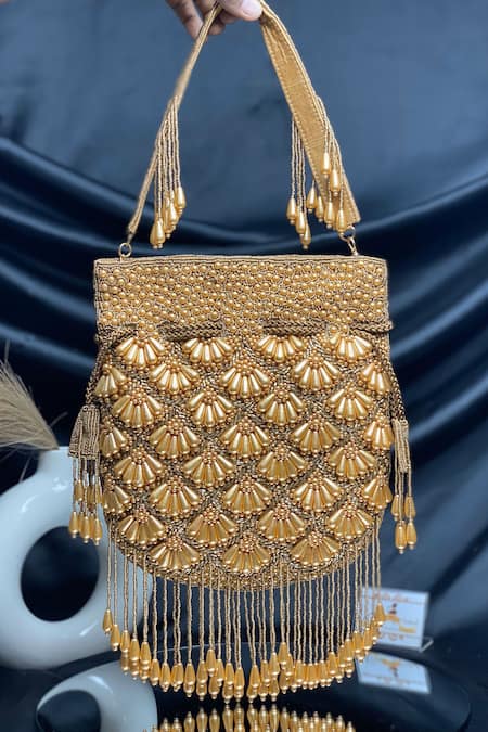 Kainiche by Mehak Masakali Pearl Embroidered Fringed Potli Bag 