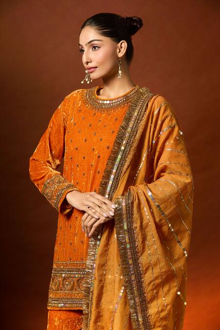 Yoshita Couture Yellow Silk, Satin, Velvet Sequins, Lace, Embroidery, Floral Zardozi Kurta Set at Aza Fashions Yoshita Couture_Yellow Silk, Satin, Velvet Sequins, Lace, Embroidery, Floral Zardozi Kurta Set _at_Aza_Fashions