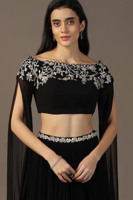 Pooja Peshoria_Black Georgette Gota Patti, Zari, Pearls, Floral Blouse And Pleated Lehenga _Online_at_Aza_Fashions