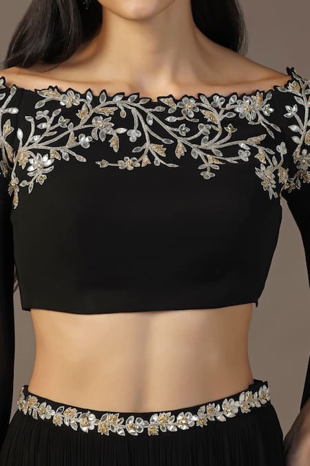 Buy_Pooja Peshoria_Black Georgette Gota Patti, Zari, Pearls, Floral Blouse And Pleated Lehenga _Online_at_Aza_Fashions