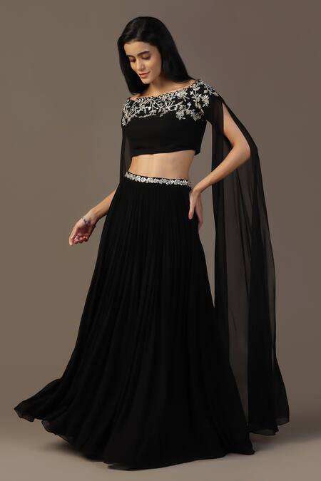 Shop_Pooja Peshoria_Black Georgette Gota Patti, Zari, Pearls, Floral Blouse And Pleated Lehenga _Online_at_Aza_Fashions
