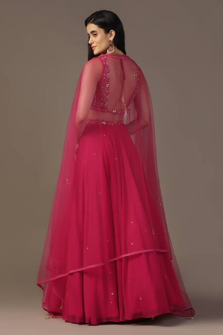 Shop Pooja Peshoria Pink Net, Georgette Embroidery, Sequins V-neck Floral Lehenga Set at Aza Fashions Shop_Pooja Peshoria_Pink Net, Georgette Embroidery, Sequins V-neck Floral Lehenga Set _at_Aza_Fashions